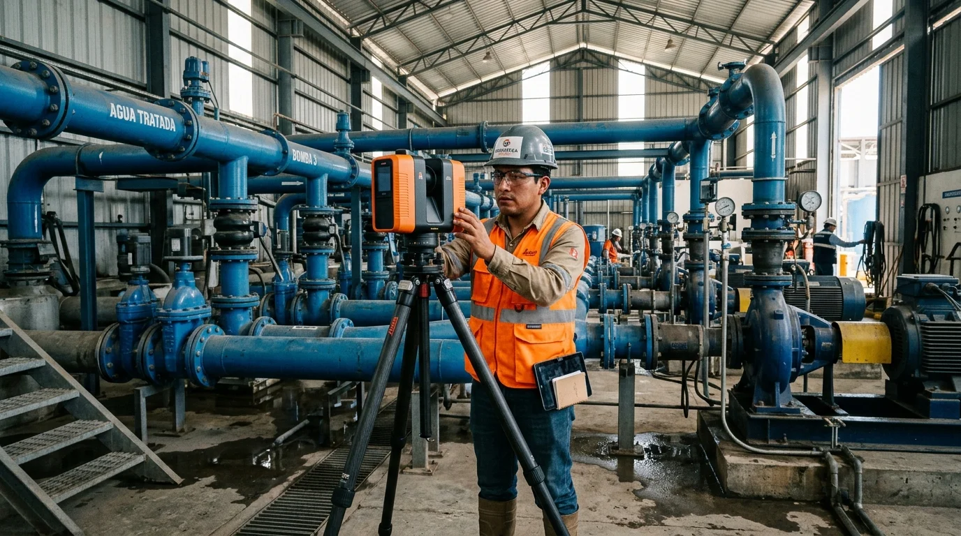 Levantamiento Scan-to-BIM As-Built y escaneo láser 3D de tuberías y bombas en planta de tratamiento de agua en Perú
