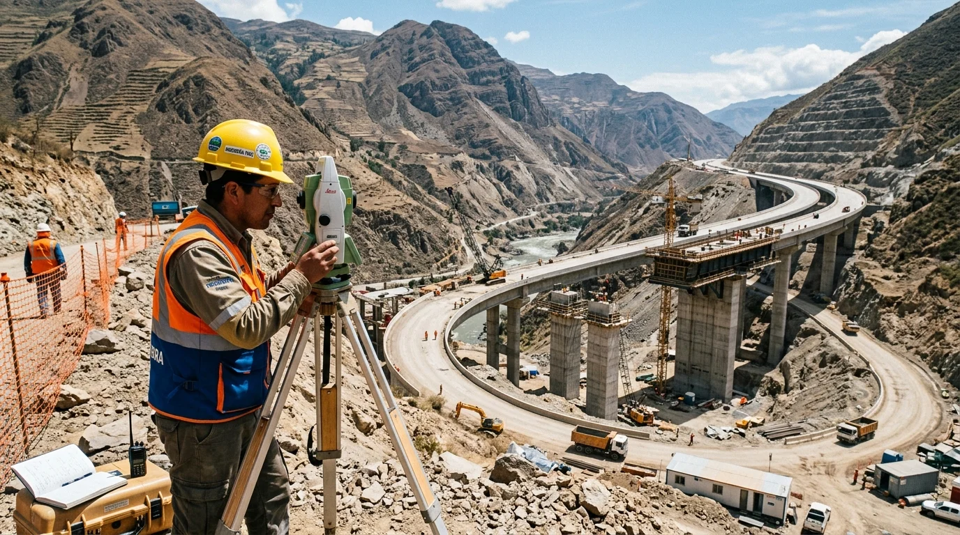Supervisión topográfica de precisión y control dimensional en puente y accesos viales en Perú